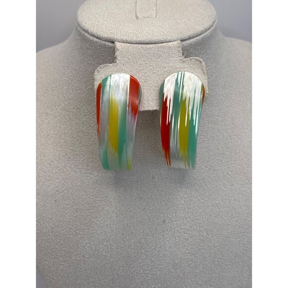 Vintage Bright Green Lucite Hoop Earrings: 1970s Retro Style  Vintage Abstract Lucite Curved Pierced Earrings White Green Yellow Orange